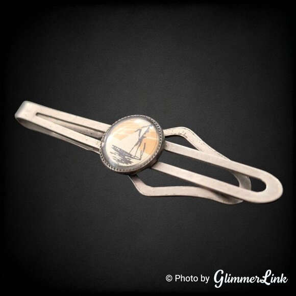 Vintage Hand Painted Sailboat Nautical Silver Tone Tie Bar Clip - Picture 4 of 9